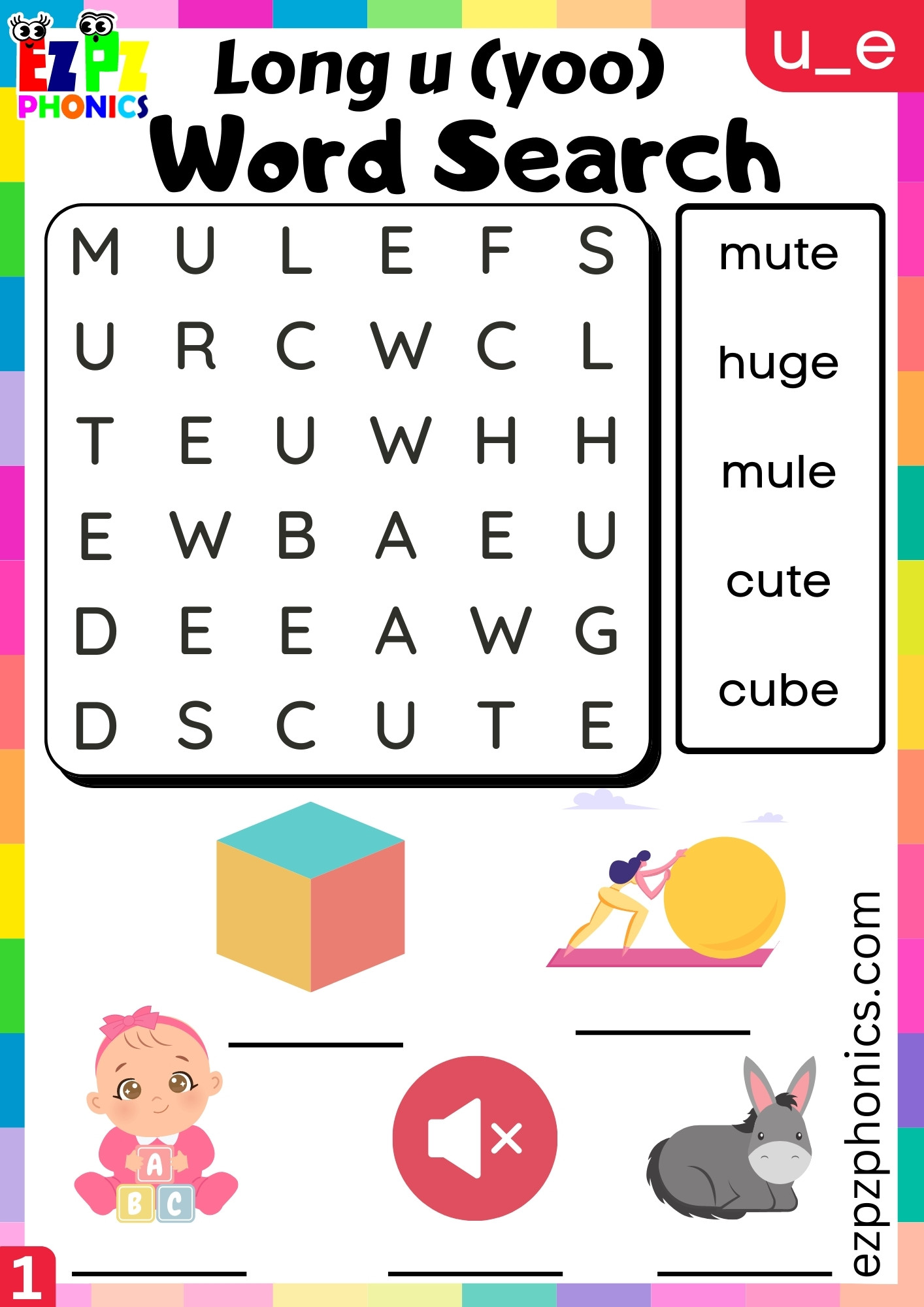 Word Search for u_e Words Long u (yoo) Sound